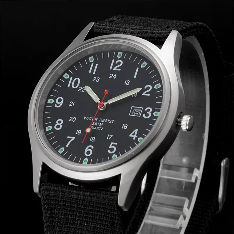 1pc / lot Cheap Watches For Men Fashion Nylon Band Military Army Sports Date Quartz Watch Erkek Barato Saat Reloj Hombre Black