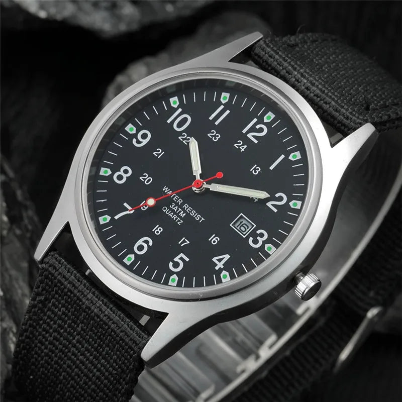1pc / lot Cheap Watches For Men Fashion Nylon Band Military Army Sports Date Quartz Watch Erkek Barato Saat Reloj Hombre Black